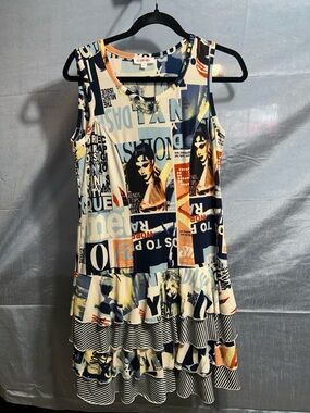 LE GRENIER Graphic Print Ruffled Hem Tank Dress in Navy, Cream & Orange